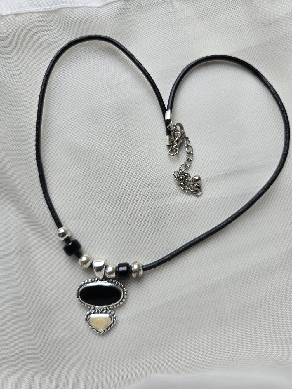 Kenneth Cole Black Leather Necklace with Silver Beads and Black & Cream Stones
